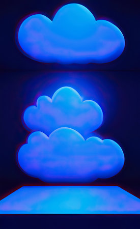 The illustration of blue empty room with cloudの写真素材