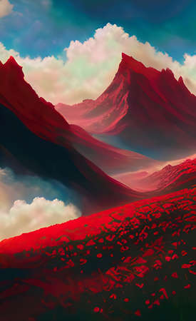 The illustration of flower garden and mountain backgroundの写真素材