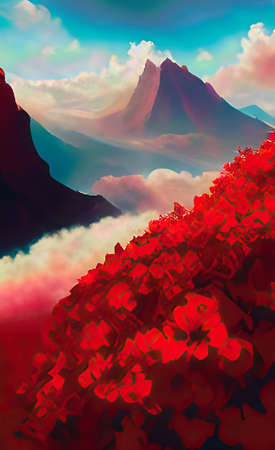 The illustration of flower garden and mountain backgroundの写真素材
