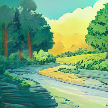 The illustration of river in the forestの写真素材