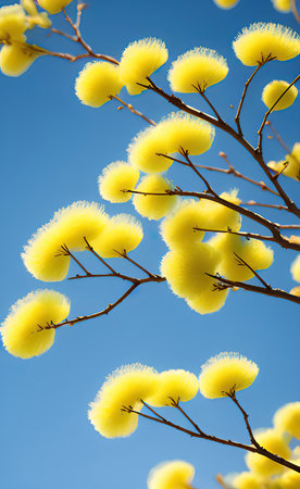 Branch of a tree with yellow fluffy flowers on blue sky background