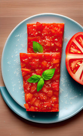 Tomato slices with basil and salt on blue plate. Top viewの写真素材