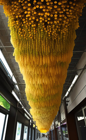 Worms hanging from the ceiling of a modern building in the city