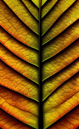 Close up of a green leaf pattern with orange and yellow veins.