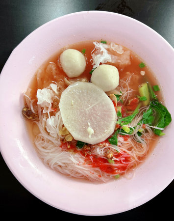 a photography of a bowl of soup with noodles and meatballs, bowl of soup with noodles, meatballs,...