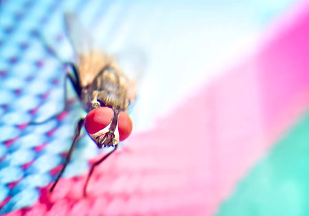 a photography of a fly on a pink and blue background, flies on a pink and blue fabric with a red...