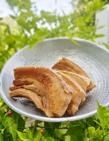 plate of food on a table with a plant in the background.の写真素材