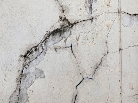 stone wall with cracks and cracks on it and a fire hydrant.の写真素材