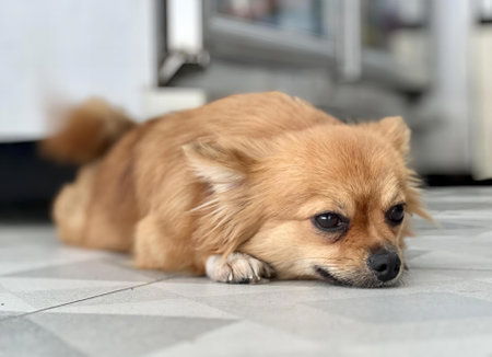 a photography of pomeranian dog laying on floor in kitchen with refrigerator in background.の写真素材