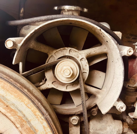 a photography of a close up of a machine with a wheel, there is a close up of a machine with a wheel...