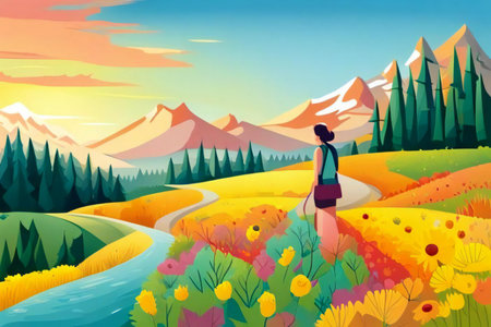 illustration of a woman walking in a field with flowers and mountains, illustration of a woman walking in a field with flowers and mountains.の素材