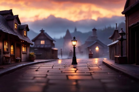 there is a street light on a cobblestone street in the evening, there is a street light on a cobblestone street in the evening.の素材