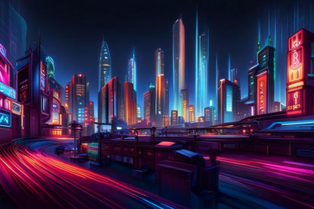a city with neon lights and a train passing by, a city with neon lights and a train passing by.の素材