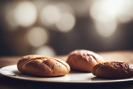 a photography of a plate of bread and rolls on a table, there are two rolls of bread on a plate on a table.の素材