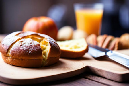 a photography of a loaf of bread and a glass of orange juice, there is a loaf of bread on a cutting board with a knife.の素材
