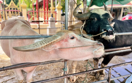 a photography of two cows standing behind a fence with a person in the background, there are two...