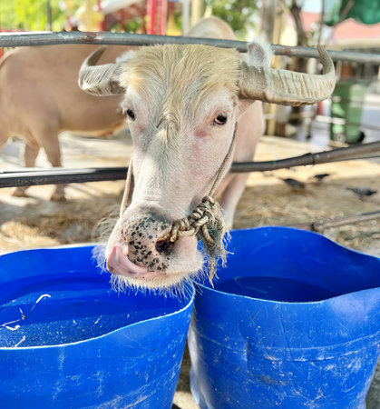 a photography of a cow with a bell around its neck, there is a cow that is standing behind a fence eating.の写真素材