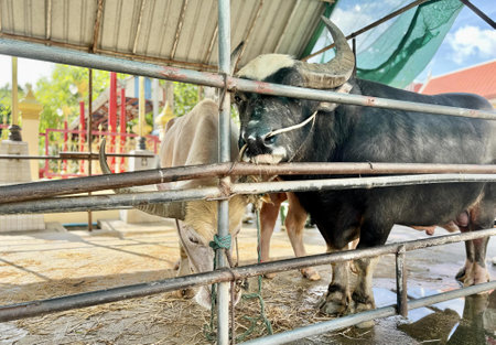 a photography of a bull standing in a pen with a cow behind it, there is a bull that is standing in...