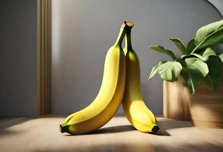 there are two bananas sitting next to a plant on a table, banana on the table next to a plant in a pot.の素材