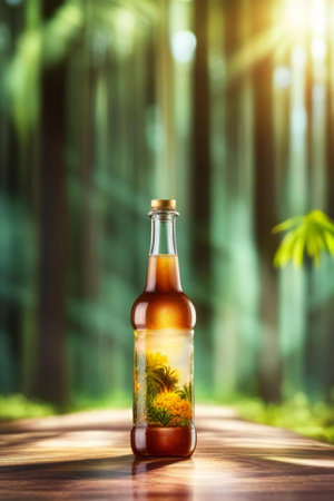 there is a bottle of beer sitting on a table in the woods, beer bottle with a picture of a forest and sun in the background.の素材