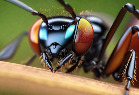 a close up of a bug with a blue and red face, pismire fly with a blue and red face and black wings.の素材