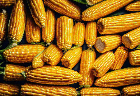 a close up of a bunch of corn on a table, capitulum of yellow corn on a table with green leaves.の素材