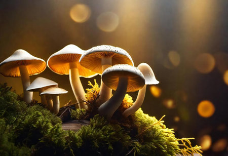 mushrooms on a mossy surface with a bright light in the background.の素材