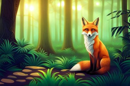 illustration of a fox sitting in the woods in the sunlight, vulpes vulpes in the forest, illustration painting.の素材