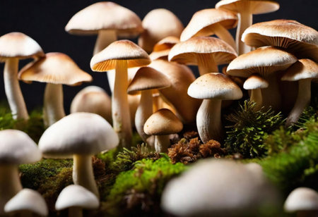 mushrooms are growing on a moss covered surface with dark background, mushroom cluster in a mossy area with a black background.の素材