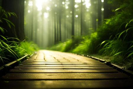 walkway in a forest with sun shining through the trees, xylophone photograph of a wooden walkway in a forest.の素材