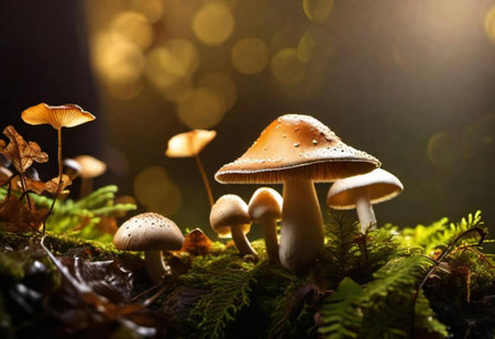 mushrooms are growing on a mossy surface with a bright light, mushroom on the mossy ground with a bright light in the background.の素材