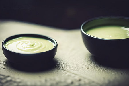 there are two bowls of soup sitting on a table, soup bowl and bowl of soup on a table with a spoon.の素材