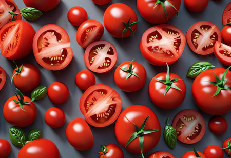 there are many tomatoes that are on the table together, bell pepper tomatoes are cut in half and placed on a table.の素材
