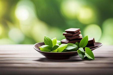 there is a bowl of chocolate and mint leaves on a table, screwr of chocolate pieces in a bowl with mint leaves on a wooden table.の素材