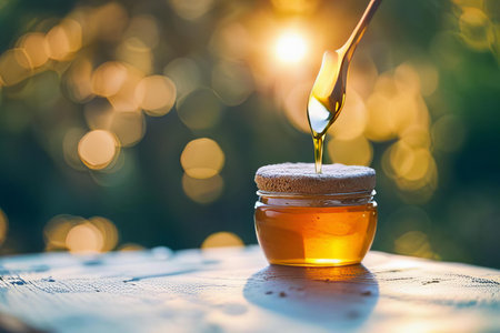 there is a jar of honey with a spoon sticking out of it, matchstick in a jar of honey on a table with a blurry background.の素材