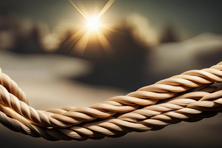 there is a rope that is hanging from a pole, knot of rope with sun shining in background.の素材