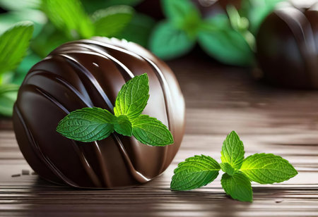 there is a chocolate ball with a leaf on it on a table, chocolate syrup with mint leaves on a wooden table.の素材
