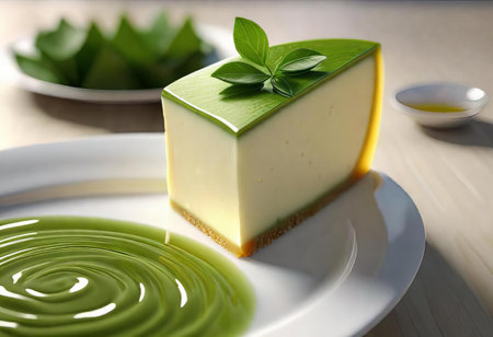 there is a piece of cake on a plate with a green leaf on top, consommead with a green leaf on top of it on a plate.の素材