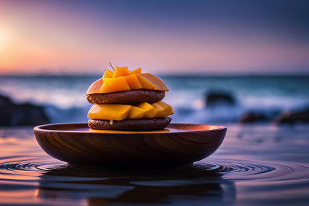 there is a dessert on a plate in the water, orange and yellow dessert on a plate in the water at sunset.の素材