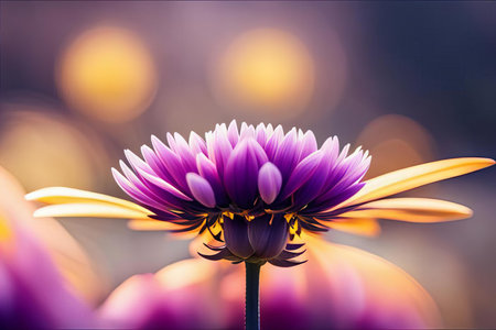 purple flower with yellow petals in a blurry background, daisy flower with yellow petals in a field of purple flowers.の素材