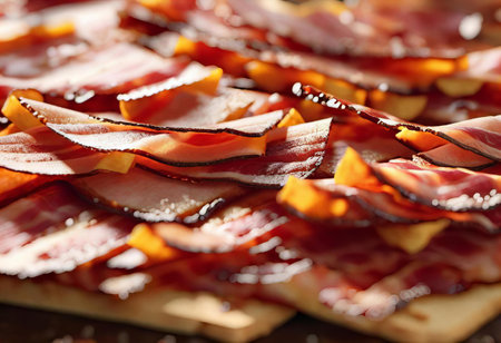 bacon strips on a wooden cutting board on a table, french loafs of bacon and cheese on a wooden cutting board.の素材