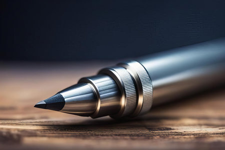 there is a pen that is laying on a wooden table, ballpoint pen with tip resting on wooden surface with dark background.の素材