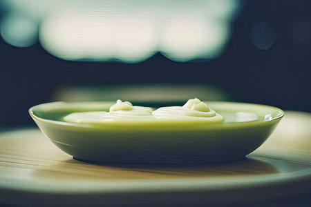 there is a bowl of food on a table with a blurry background, soup bowl with a spoon and a spoon on a table.の素材
