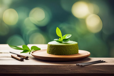 there is a small green cake on a plate with a leaf on top, plate with a green cake and a fork on a wooden table.の素材