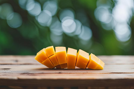 there is a piece of cheese that is cut into pieces, croquet ball cut into pieces on a wooden table with a blurry background.の素材