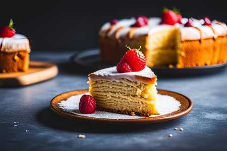 there is a piece of cake with a strawberry on top of it, bakehouse cake with strawberries and powdered sugar on a plate.の素材