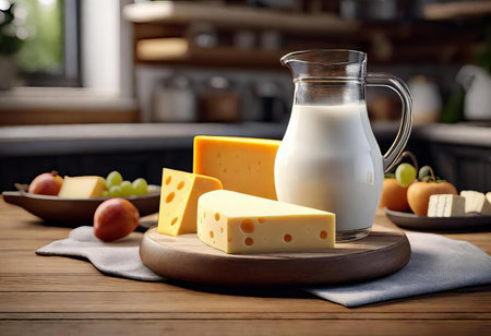 there is a pitcher of milk and cheese on a wooden table, eggnog, cheese, and grapes are on a wooden cutting board.の素材