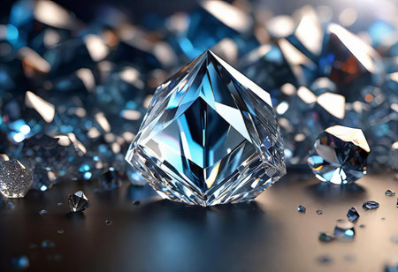 a close up of a diamond surrounded by many small crystals, essence of a diamond surrounded by blue crystals on a table.の素材