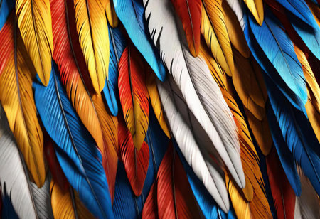a close up of a bunch of colorful feathers on a wall, macaw feathers are arranged in a pattern to form a background.の素材