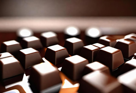 there is a close up of a keyboard with a lot of chocolate on it, waffle iron keys on a keyboard with a blurry background.の素材